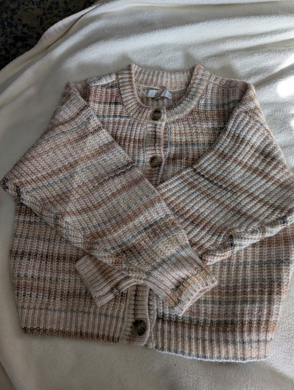 LOFT Striped Button-Up Cardigan in Cream and Brown Tones